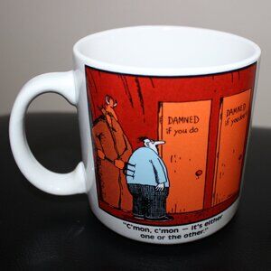 3/$55❤️1985 The Far Side DAMNED IF YOU DO, DAMNED IF YOU DON'T Coffee Mug Devil